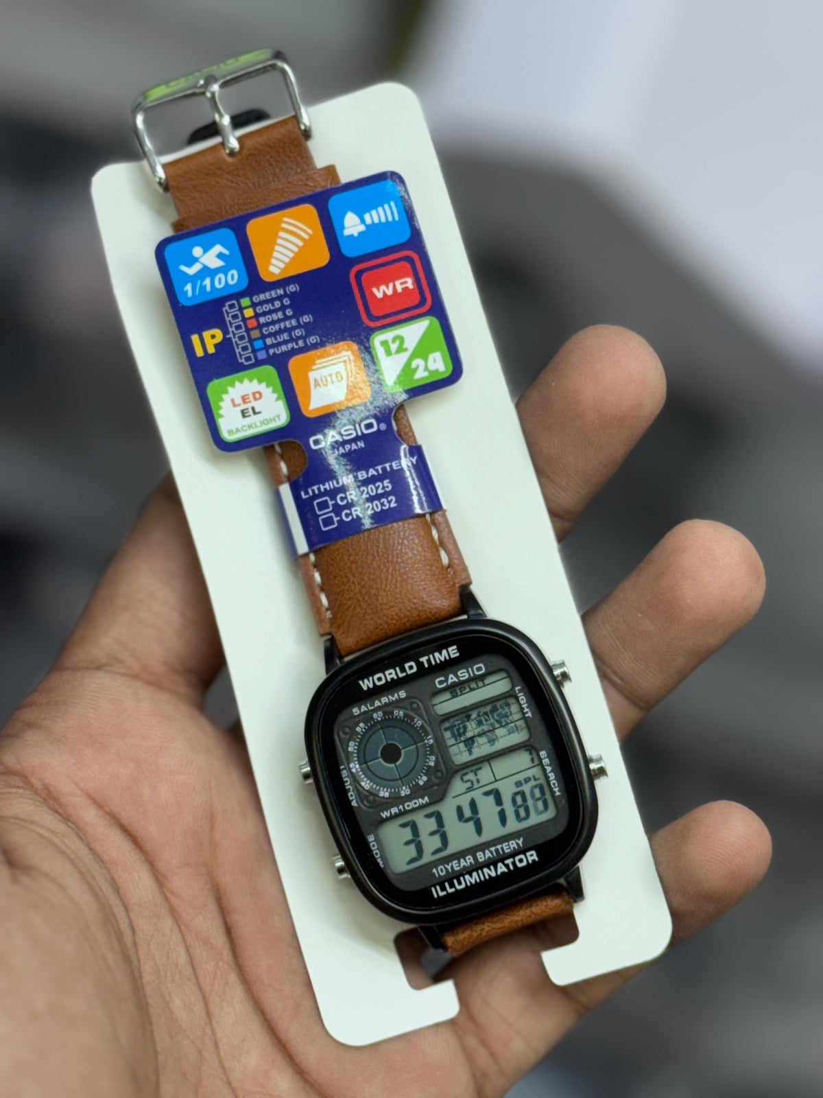 Premium Casio World Time Square Black Edition – Brown Leather Strap With 1-Year Warranty